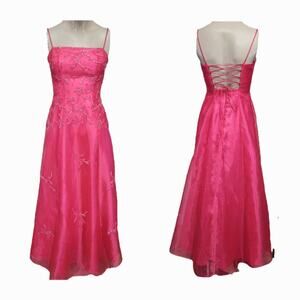 Vtg Morgan & Co. Hot Pink Strappy Netting Beaded Formal Prom Dress Regency 3/4